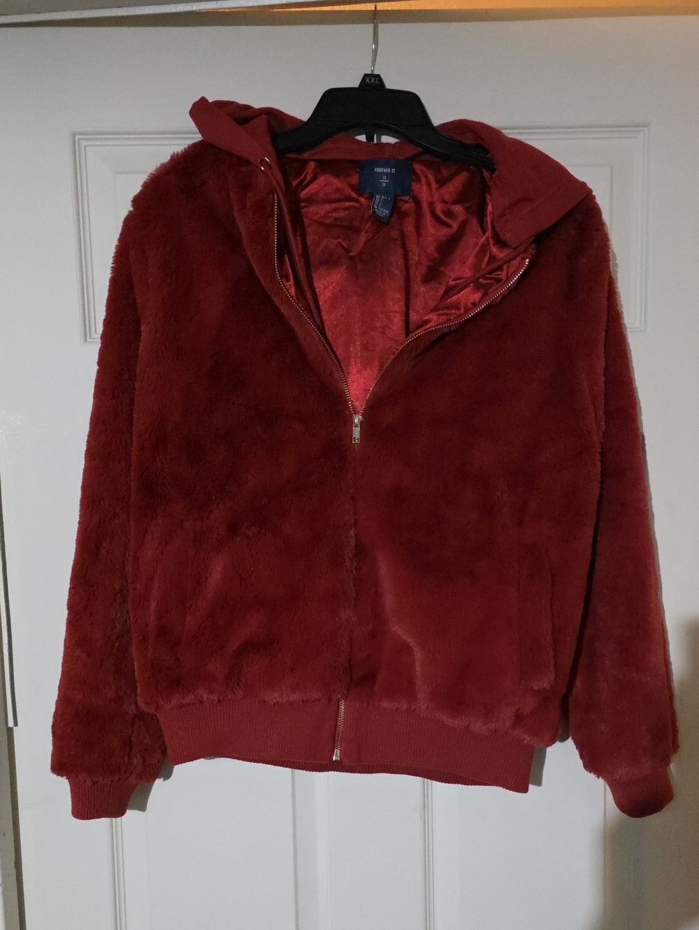 Forever 21 Women's Plush Faux Fur Hooded Jacket in Deep Red